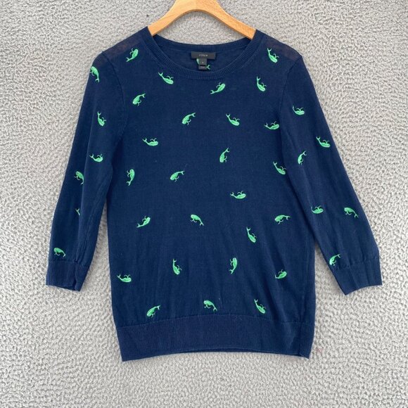 J Crew Sweater Womens Small Navy Whale Linen Embroidered 3/4 Sleeve Pullover - Picture 1 of 9